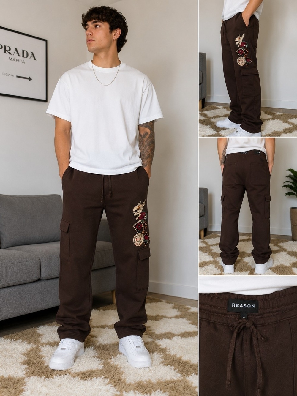 Reason Men's Brown Cargo Sweatpants with Embroidered Patch